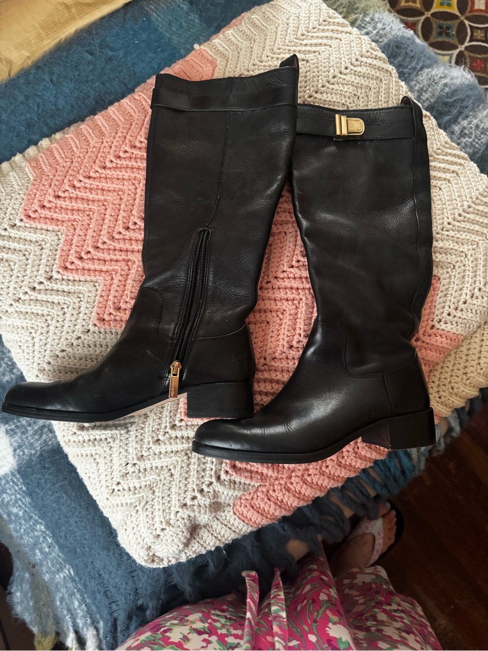 Black Leather Over-the-Knee Boots with Gold Buckle Accent